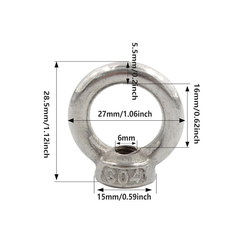 AUXBC 10PCS M6 Stainless Steel Lifting Eye Nut, Ring Shaped Eye Bolt, 16mm/0.62inch ID, 27mm/1.06inch OD, 5.5mm/0.2inch Thick - Image 2